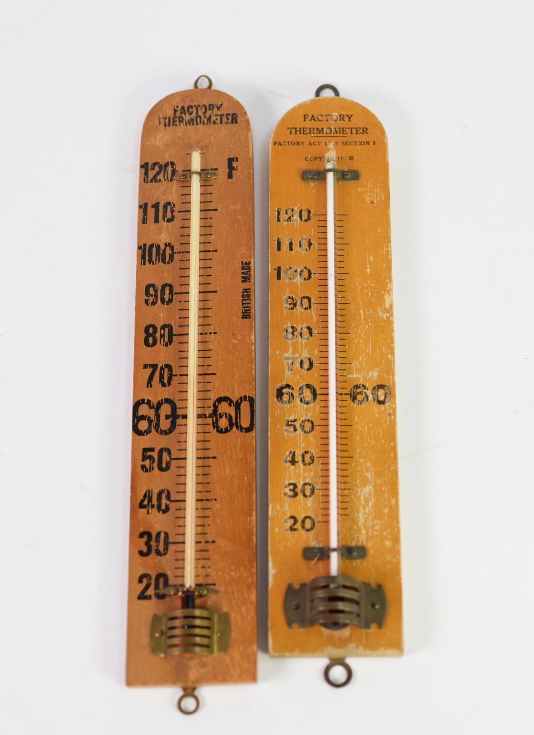 TWO BLONDE WOOD FACTORY THERMOMETERS, one marked for the Factory Act, (2) - Image 2 of 2