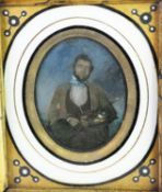 19th CENTURY MINIATURE OIL PAINTING IN OVAL, HALF-LENGTH PORTRAIT OF A GENTLEMAN holding a violin