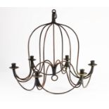 19th CENTURY WIRE WORK SIX LIGHT CHANDELIER of bonnet shape, the scroll branches and supports