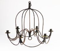 19th CENTURY WIRE WORK SIX LIGHT CHANDELIER of bonnet shape, the scroll branches and supports