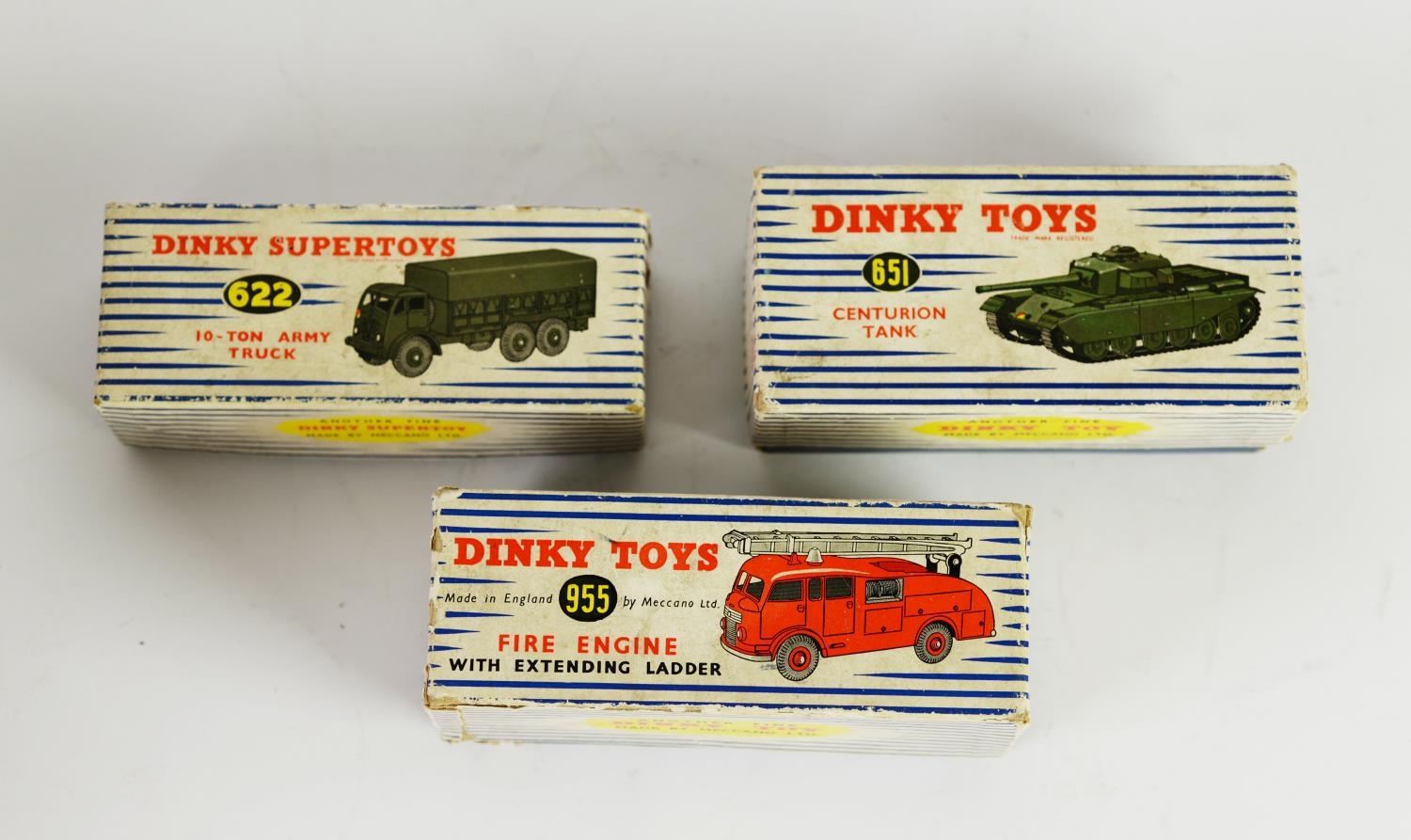 THREE DINKY TOYS CIRCA 1950s, virtually mint and boxed die cast vehicles, viz 10 ton army truck No