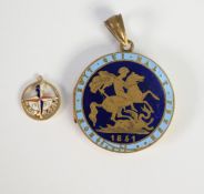 SMALL 9ct GOLD AND ENAMEL FESTIVAL OF BRITAIN 1951 PENDANT, circular and pierced with loop