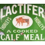 MID 20th CENTURY SINGLE SIDED ENAMEL SIGN - THORLEY'S LACTIFER A COOKED CALF MEAT - with central