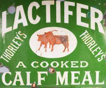 MID 20th CENTURY SINGLE SIDED ENAMEL SIGN - THORLEY'S LACTIFER A COOKED CALF MEAT - with central