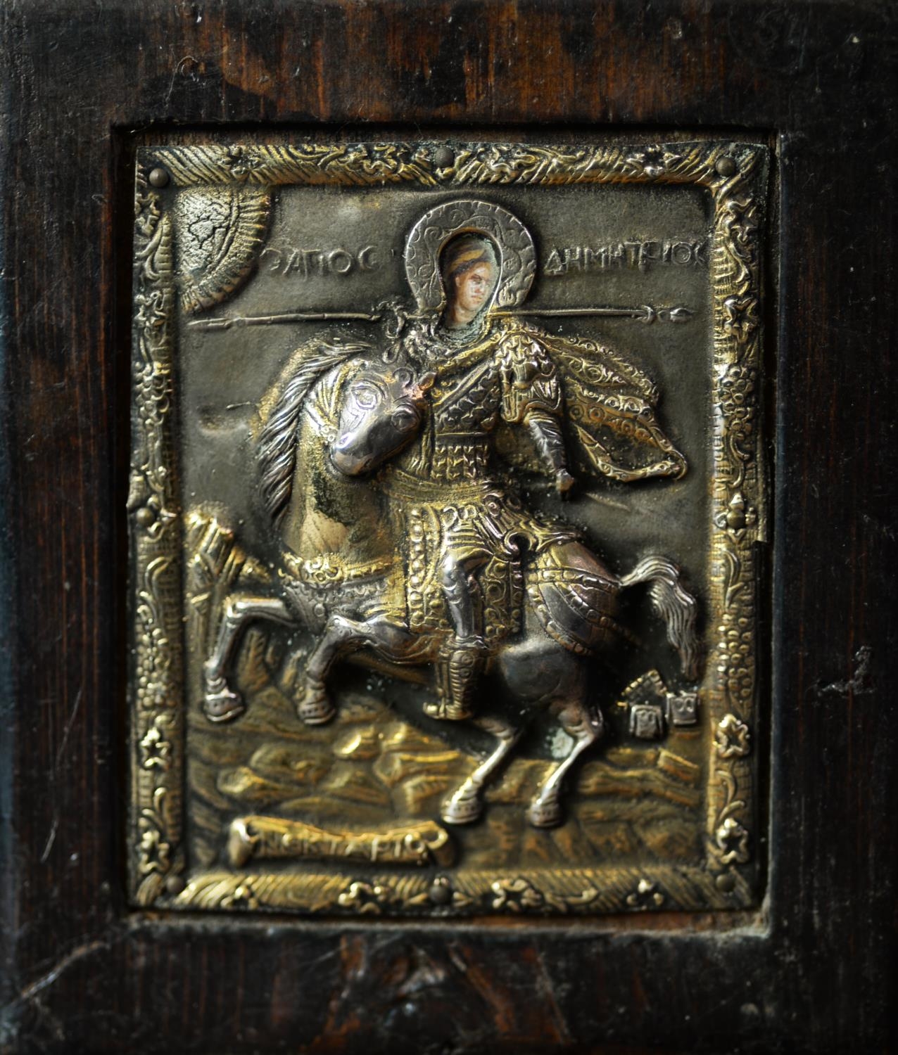 TWENTIETH CENTURY BYZANTINE SILVER RELIEF AND PAINTED ICON of a saintly warrior on rearing horse, - Image 4 of 12
