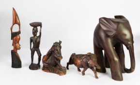 TWO WELL CARVED WOOD MODELS OF WILD BOARS, one modelled standing, the other seated, together with