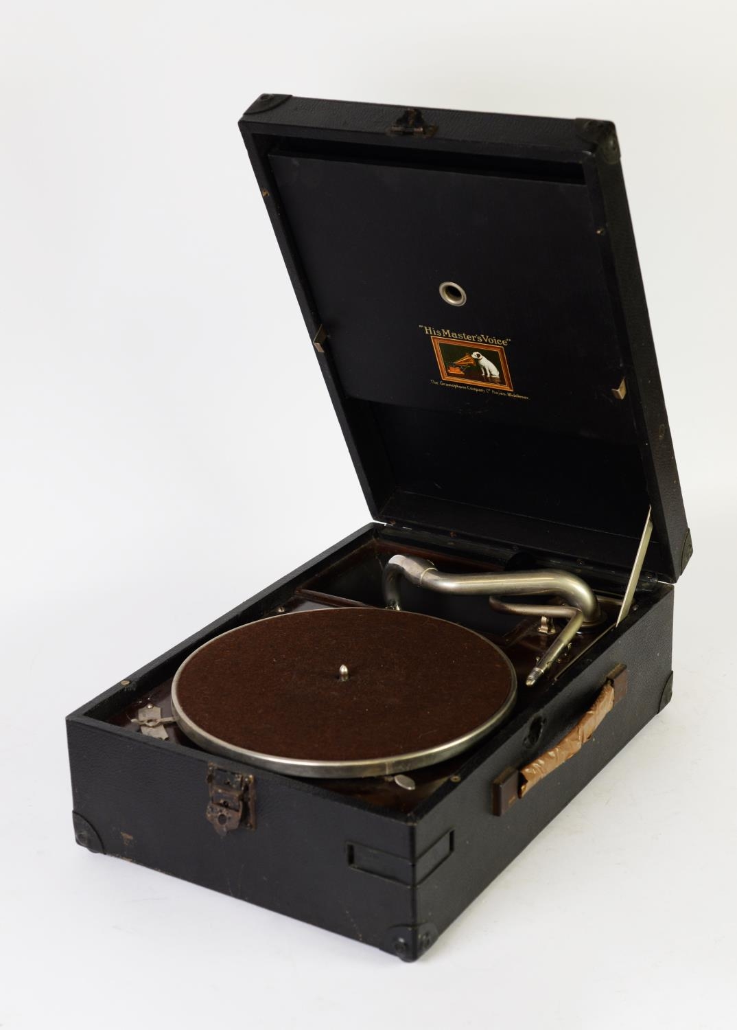 HMV PORTABLE SPRING DRIVEN TABLE TOP RECORD PLAYER in black fabric case, with key and winding - Image 2 of 2