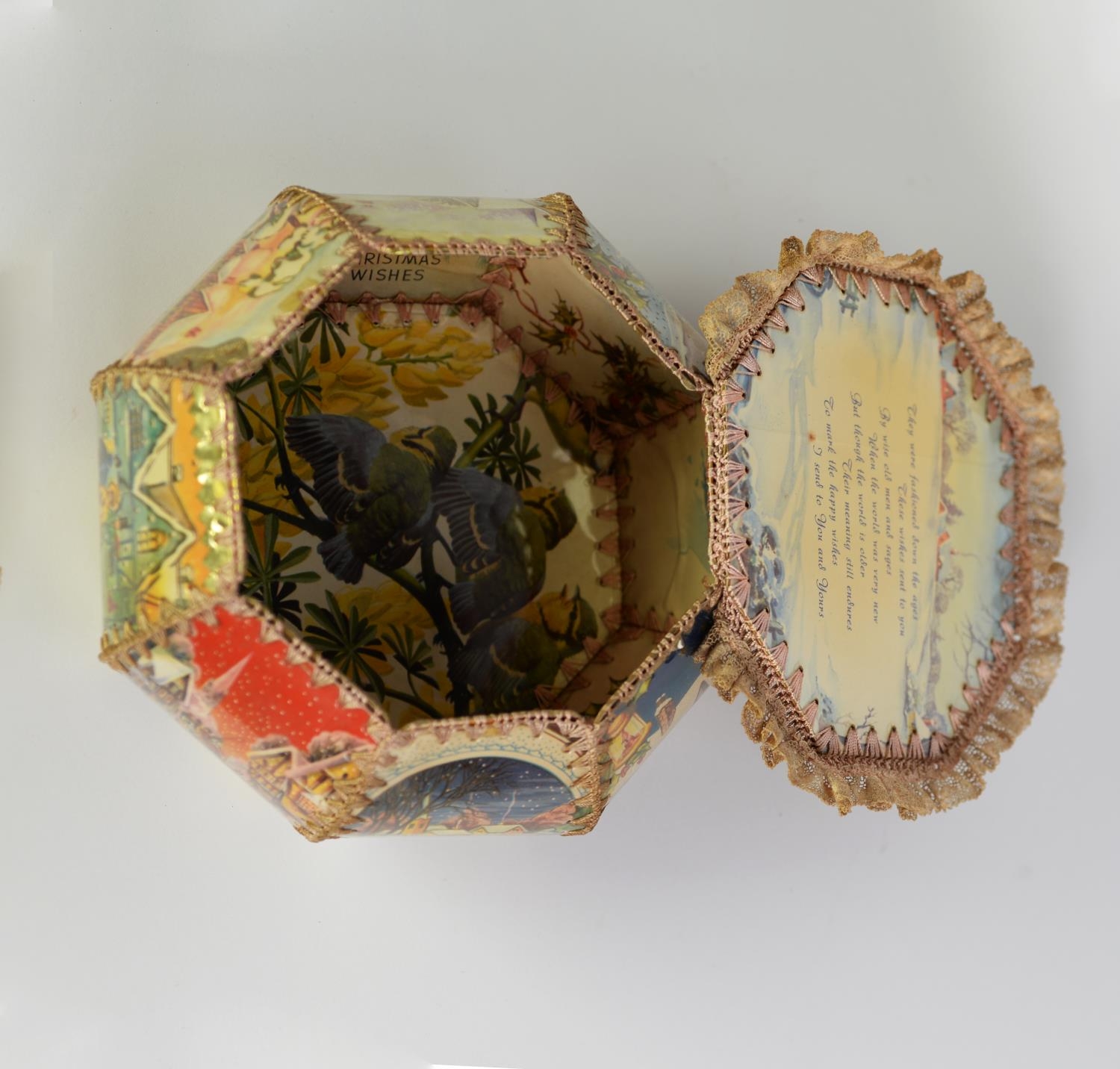CIRCA 1920's PLASTIC CHRISTMAS BOX 'THE SEASONS HAPPY GREETINGS' of hexagonal and stitched form, all - Image 8 of 10