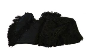 VICTORIAN BLACK SILK CAPE, with floral damask self pattern and a black lace border, tied ribbon to