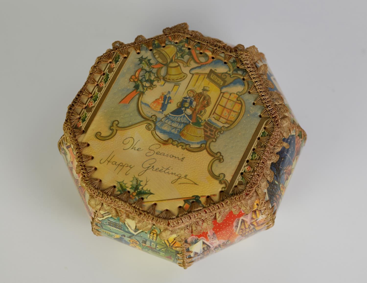 CIRCA 1920's PLASTIC CHRISTMAS BOX 'THE SEASONS HAPPY GREETINGS' of hexagonal and stitched form, all - Image 6 of 10