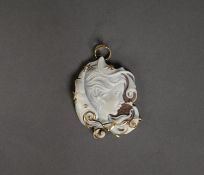 IRREGULARLY SHAPED SHELL CAMEO, carved with the head of a young woman, encapsulated in gold wire