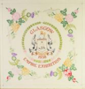 NEEDLEWORK SAMPLER GLASGOW EMPIRE EXHIBITION 1938, centred with a representation of the coat of