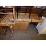 PROPRIETARY WOODEN WORK BENCH, WITH TWO BUILT-IN WOODEN CLAMPS, CUPBOARD BELOW AND LOOSE CLAMP-ON