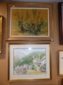 AN AMATEUR WATERCOLOUR DRAWING  'LYNMOUTH' AND A COLOUR PRINT AFTER MARGOTTON 'PORTUGUESE FISHING