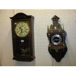 A MAHOGANY CASED DROP DIAL WALL CLOCK, (MODERN), BATTERY OPERATED AND A DUTCH STYLE WALL CLOCK (2)