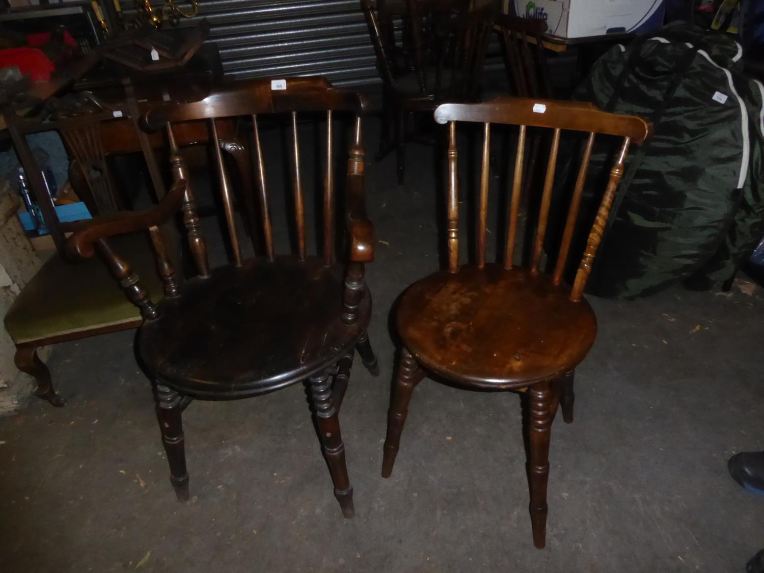SET OF SEVEN EARLY TWENTIETH CENTURY STAINED WOOD SPINDLE AND STICK BACK CHAIRS (6 + 1), HAVING