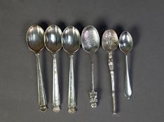 SIX GEORGE V AND LATER SILVER SPOONS, comprising: ANOINTING SPOON, SET OF THREE TEASPOONS WITH