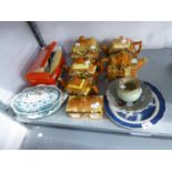 SIX PIECES OF PRICE BROTHERS COTTAGE POTTERY TEA WARES VIZ FOUR VARIOUS TEAPOTS, A BISCUIT BARREL