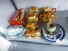 SIX PIECES OF PRICE BROTHERS COTTAGE POTTERY TEA WARES VIZ FOUR VARIOUS TEAPOTS, A BISCUIT BARREL