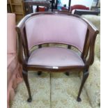 EDWARDIAN LINE INLAID MAHOGANY TUB SHAPED DRAWING ROOM ARMCHAIR, ON CABRIOLE FRONT SUPPORTS
