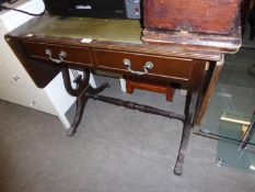 REGENCY STYLE MAHOGANY SOFA TABLE WITH GREEN LEATHER INSET TOP, ON LYRE SHAPED END SUPPORTS AND