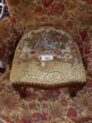 19TH CENTURY STYLE SMALL MAHOGANY OBLONG FOOTSTOOL, COVERED IN PICTORIAL TAPESTRY, ON CABRIOLE LEGS,