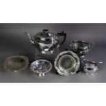 THREE PIECE GEORGIAN STYLE ELECTROPLATE TEA SET, of shaped oval form with black angular scroll