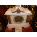 VICTORIAN WHITE MARBLE MANTLE CLOCK WITH 8 DAYS CHIMING MOVEMENT, THE ARCHITECTURAL CASE HAVING GILT