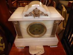 VICTORIAN WHITE MARBLE MANTLE CLOCK WITH 8 DAYS CHIMING MOVEMENT, THE ARCHITECTURAL CASE HAVING GILT