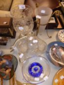 A CUT GLASS TABLE LAMP; A CUT GLASS BASKET SHAPED BOWL, A CUT GLASS TABLE BELL; WEBB ART GLASS