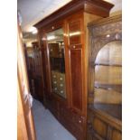 EDWARDIAN TWO-TONE MAHOGANY WARDROBE WITH CHEQUERED LINE INLAY, CARVED CAVETTO CORNICE, SINGLE