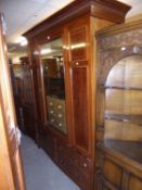 EDWARDIAN TWO-TONE MAHOGANY WARDROBE WITH CHEQUERED LINE INLAY, CARVED CAVETTO CORNICE, SINGLE
