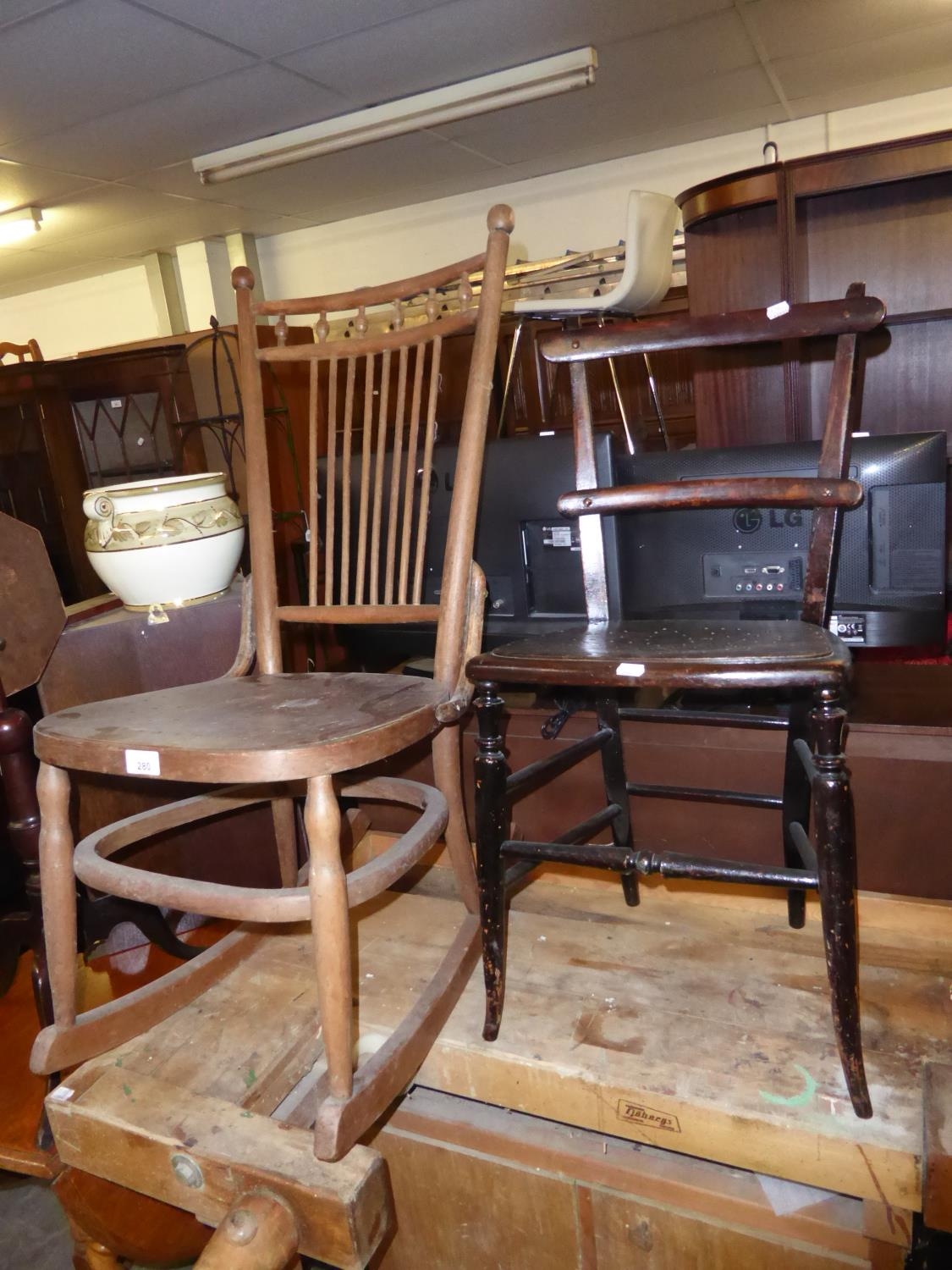 A BENTWOOD ROCKING CHAIR AND A SMALL BEDROOM CHAIR (2)