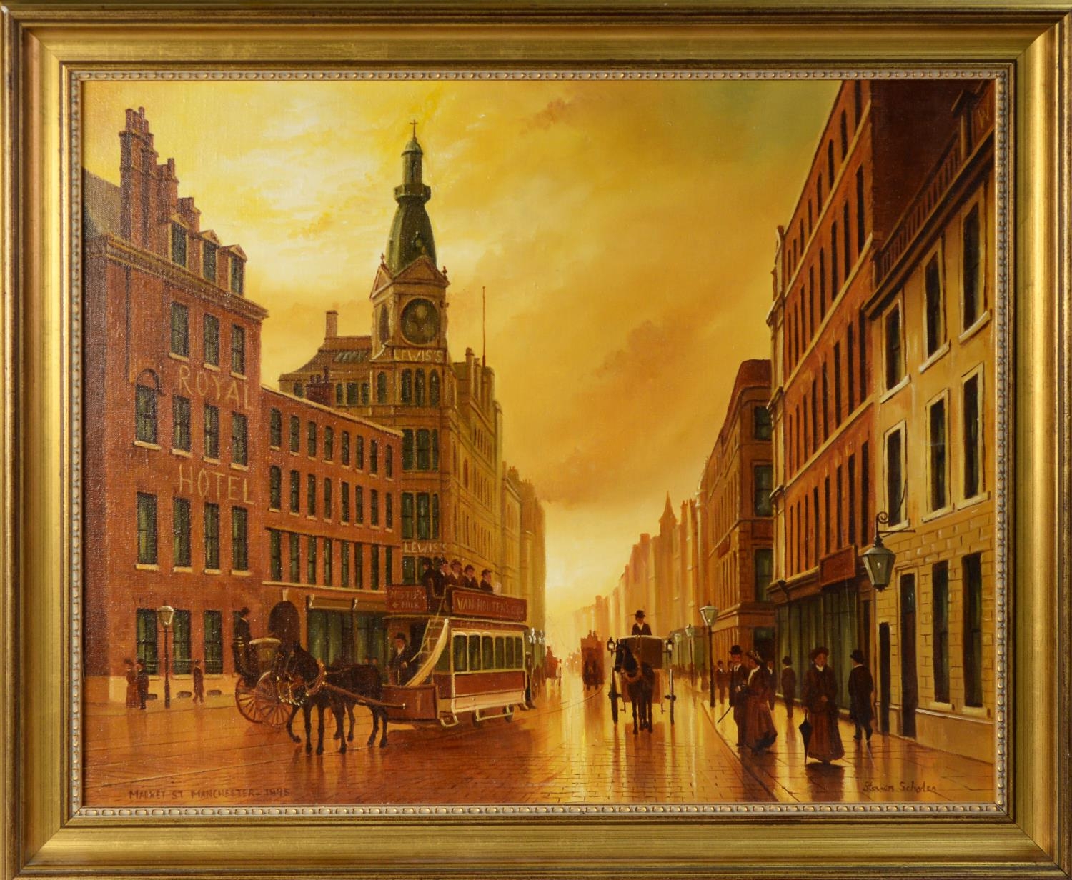 STEVEN SCHOLES (b.1952) OIL ON CANVAS ‘Market St. Manchester 1895’ Signed and titled 15 ½” x - Image 2 of 2