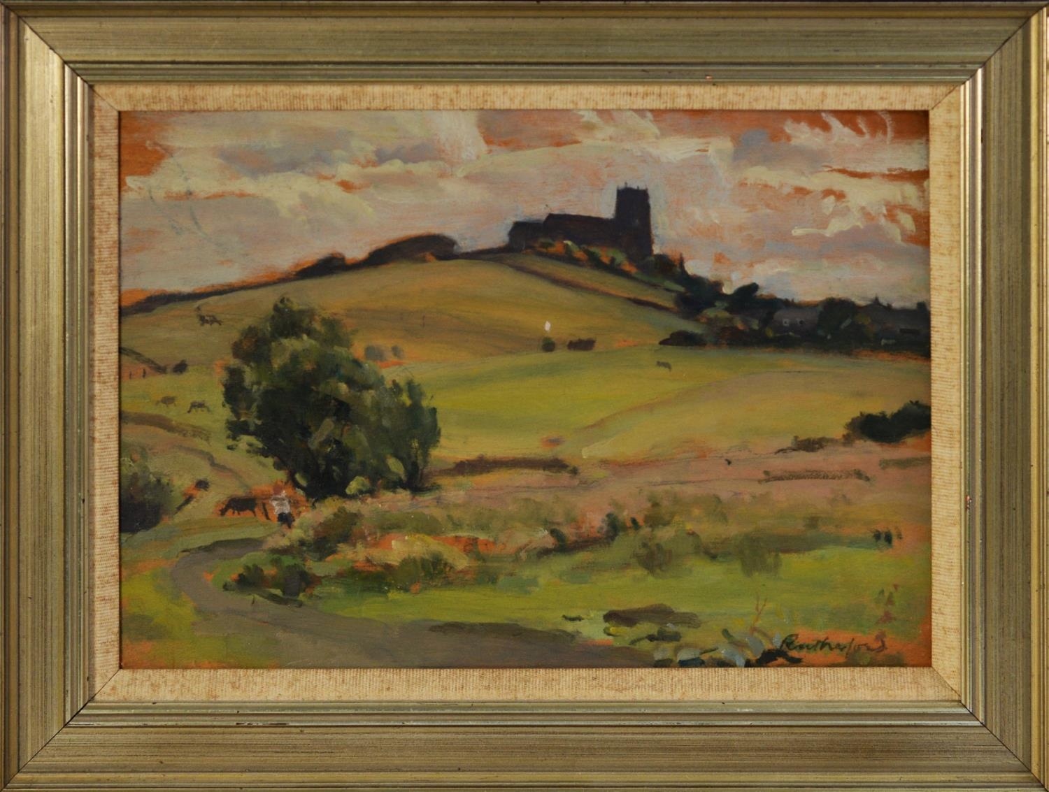 HARRY RUTHERFORD (1903-1985) OIL ON BOARD Landscape with Mottram Church on the hill top in the - Image 2 of 2