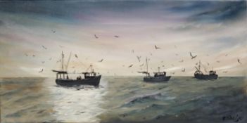 JILL BIDDICK (TWENTIETH/ TWENTY FIRST CENTURY) OIL ON CANVAS ‘The Mackerel Fishers’ Signed, titled