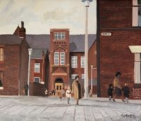 ROGER HAMPSON (1925 - 1996) OIL PAINTING ON CANVAS End of School Signed lower right, titled and