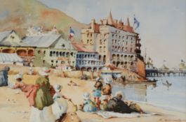 BERNARD McDONALD (b.1944) WATERCOLOUR Llandudno beach scene with The Grand Hotel in the background