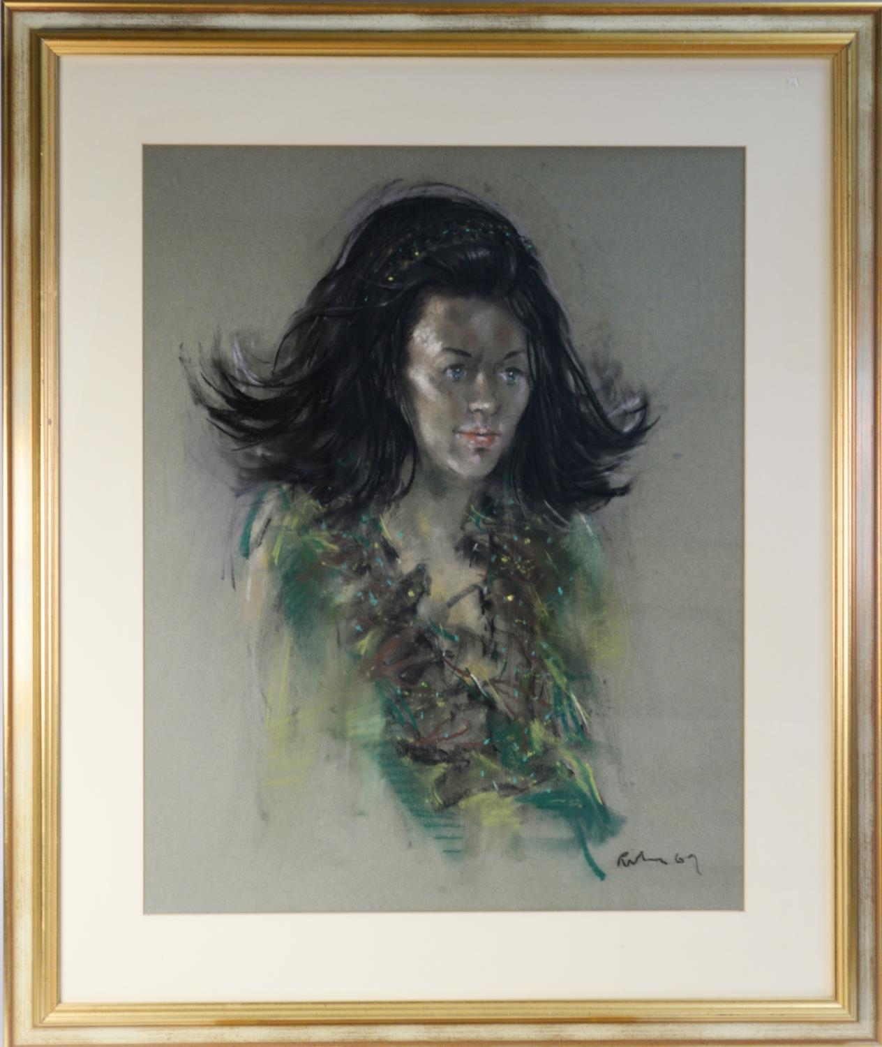 HAROLD RILEY (b.1934) PASTEL ON GREY PAPER Bust portrait of a young woman with long black hair and - Image 2 of 2