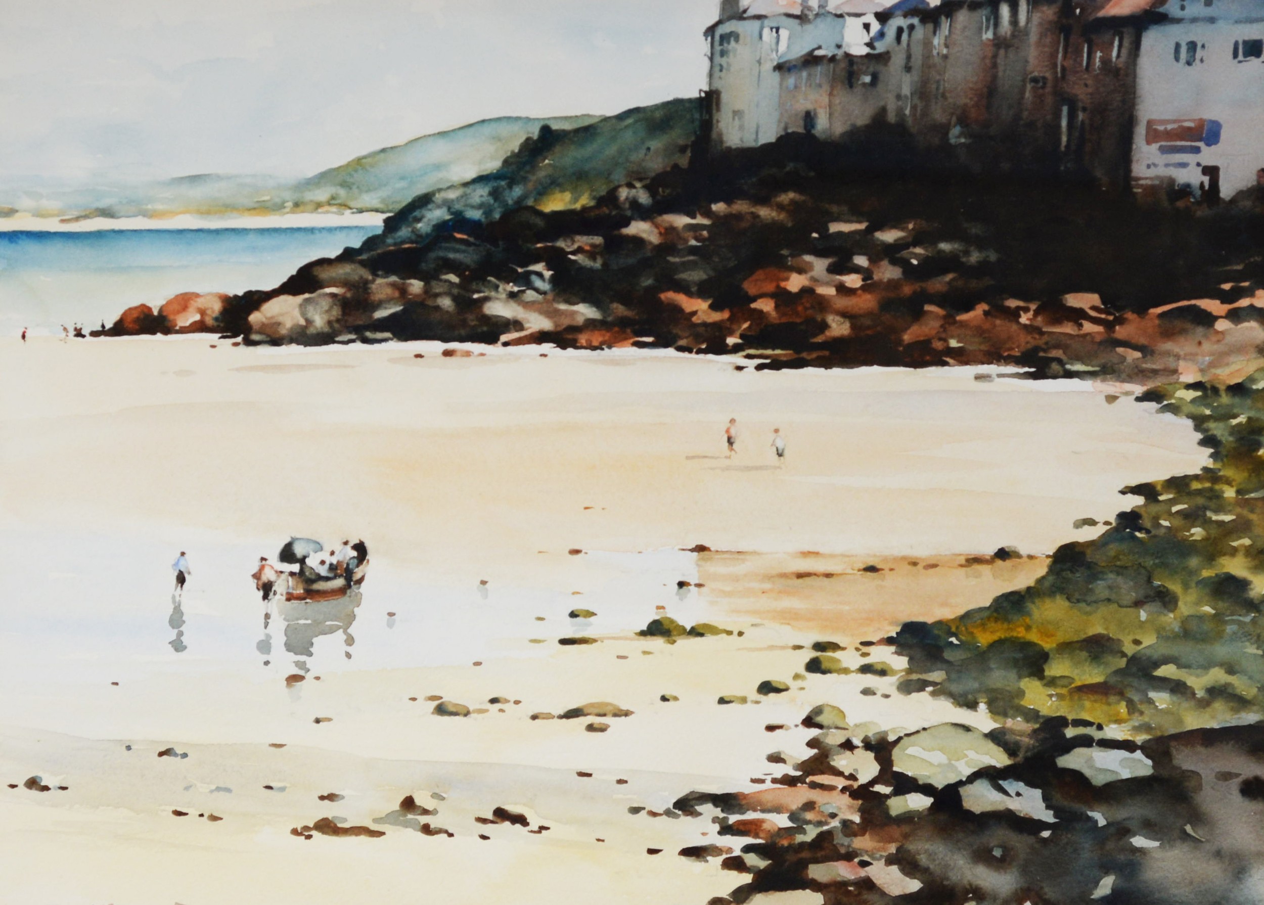 BERNARD McDONALD (b.1944) WATERCOLOUR St. Ives beach scene with figures and rowing boat Signed 14 ½”