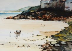 BERNARD McDONALD (b.1944) WATERCOLOUR St. Ives beach scene with figures and rowing boat Signed 14 ½”