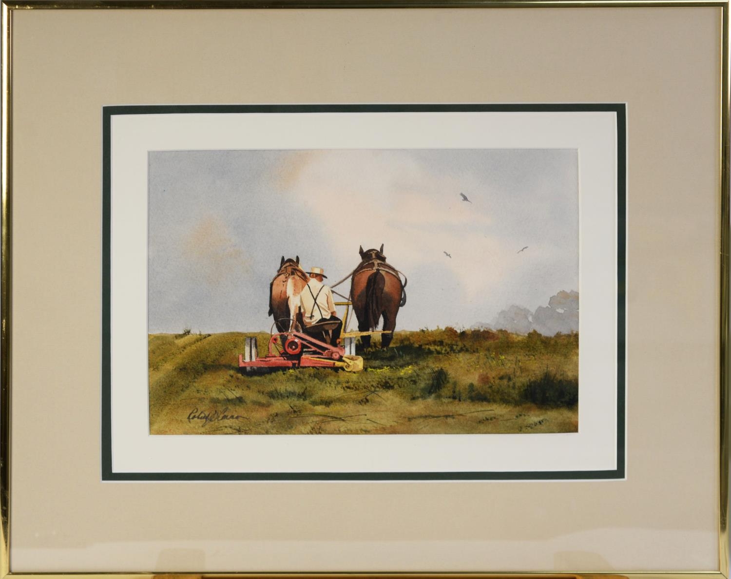 ROBERT O’CONNOR (TWENTIETH/ TWENTY FIRST CENTURY) WATERCOLOUR Amish Farmer Ploughing a Field Signed, - Image 2 of 2