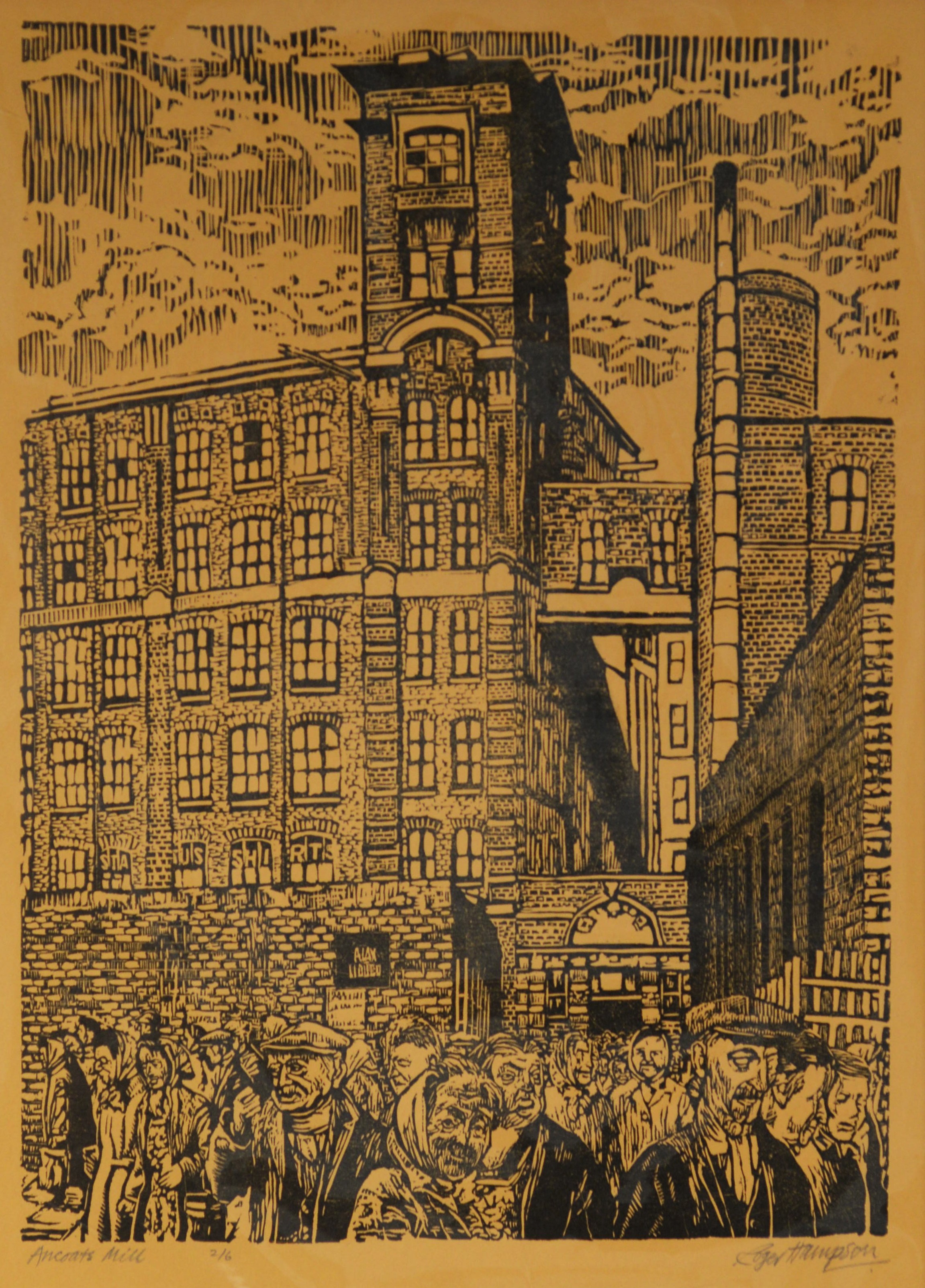 ROGER HAMPSON (1925 - 1996) LINOCUT ON BUFF PAPER Ancoats Mill at the end of a shift Signed,