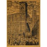 ROGER HAMPSON (1925 - 1996) LINOCUT ON BUFF PAPER Ancoats Mill at the end of a shift Signed,