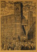 ROGER HAMPSON (1925 - 1996) LINOCUT ON BUFF PAPER Ancoats Mill at the end of a shift Signed,