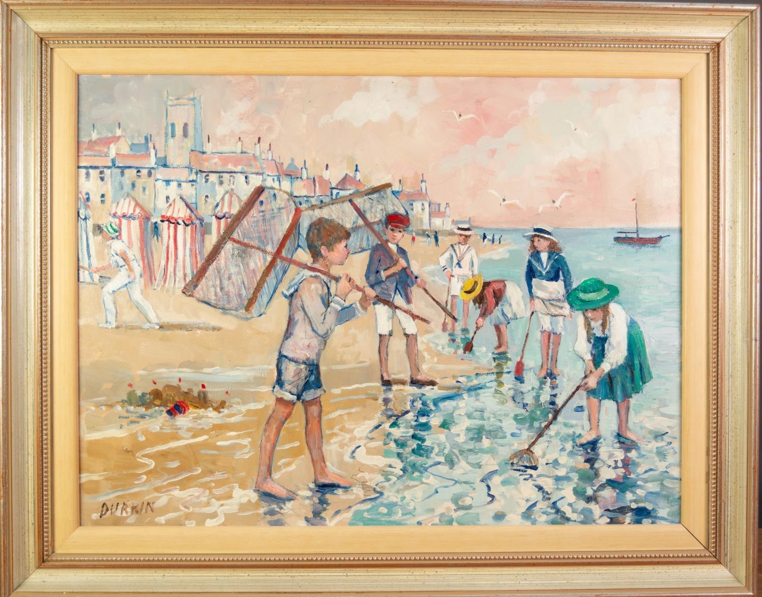 TOM DURKIN (1928-1990) ACRYLIC ON CANVAS Beach scene with children with fishing and shrimping nets - Image 2 of 2