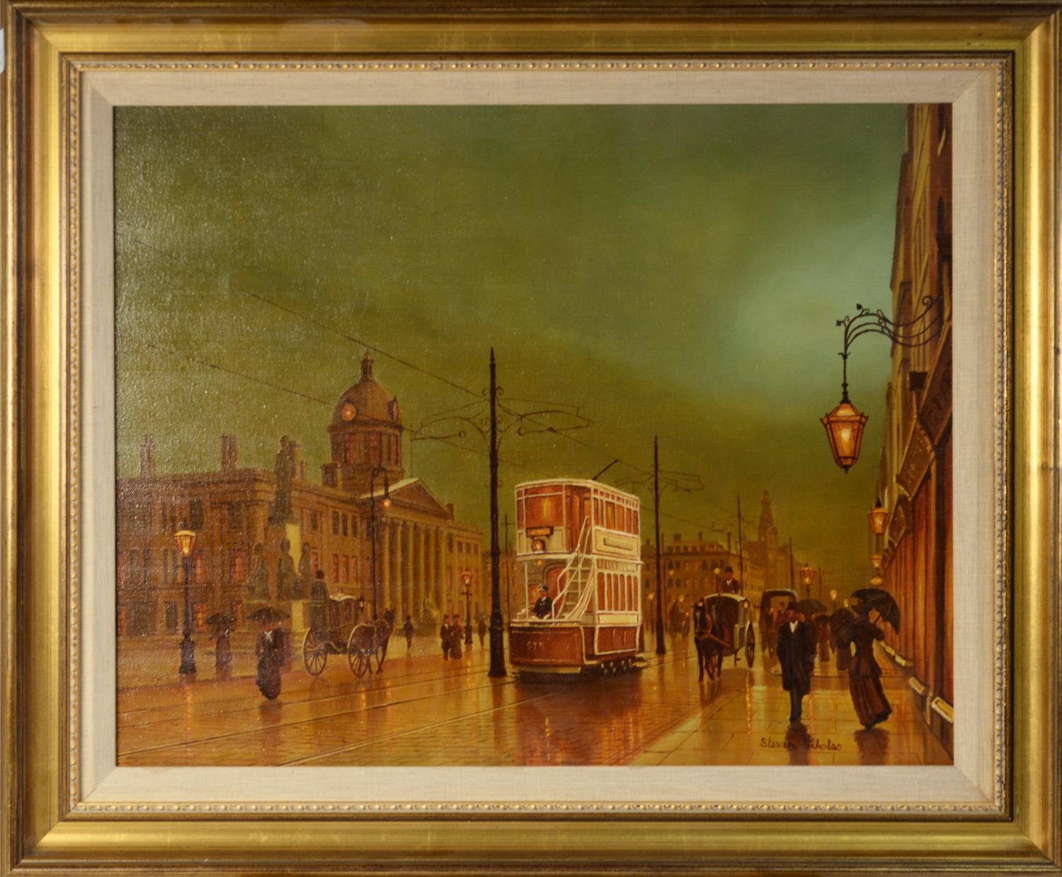 STEVEN SCHOLES (b.1952) OIL ON CANVAS Bygone street scene with tram and horse drawn carriages Signed - Image 2 of 2