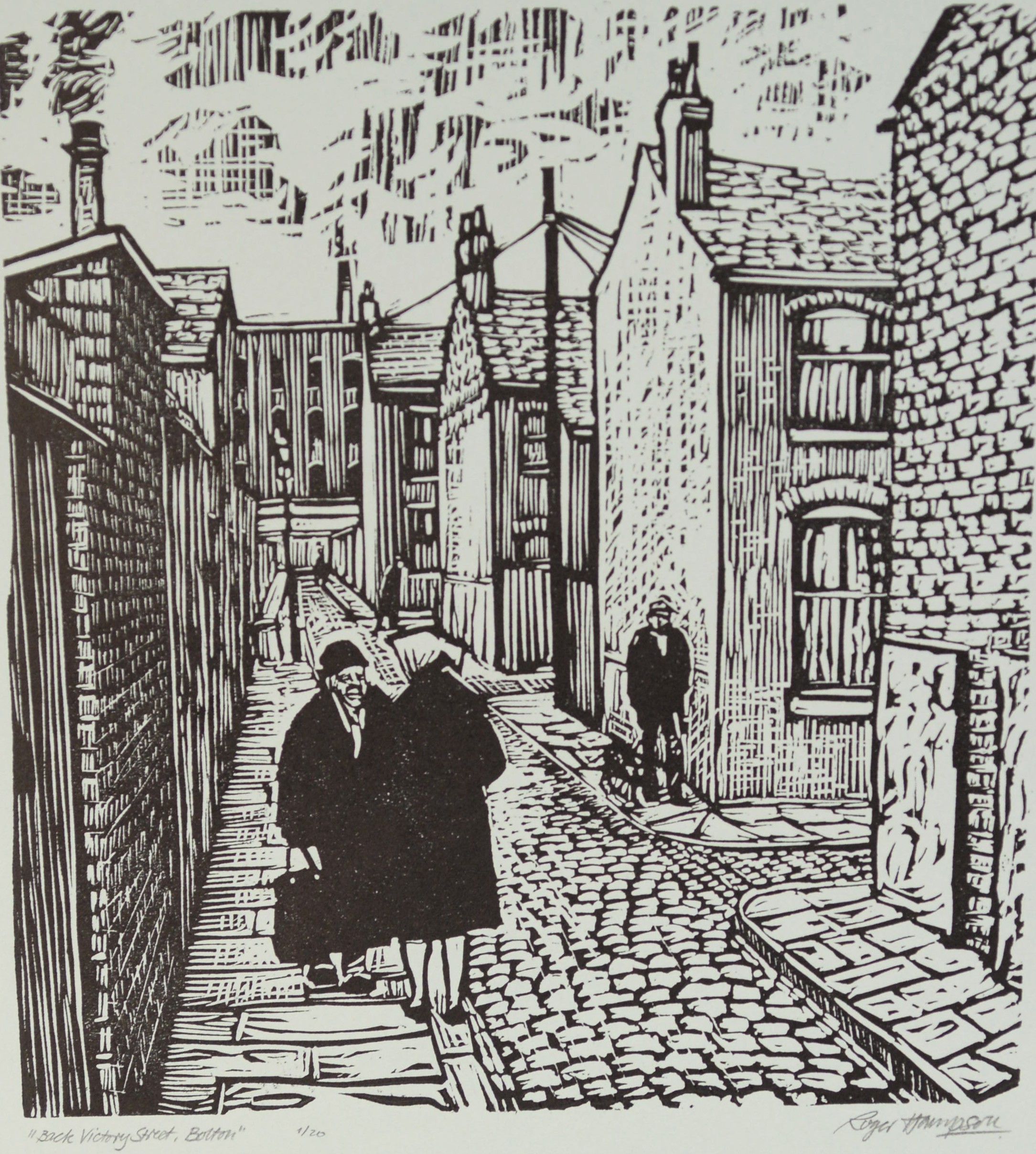 ROGER HAMPSON (1925 - 1996) LINOCUT ON PALE GREY PAPER Back Victory Street, Bolton Signed, titled