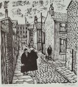 ROGER HAMPSON (1925 - 1996) LINOCUT ON PALE GREY PAPER Back Victory Street, Bolton Signed, titled