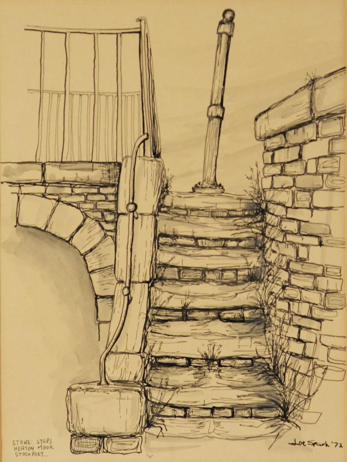 JOE SPARKS (TWENTIETH CENTURY) THREE PEN AND INK DRAWINGS ‘Iron Railings, Heaton Moor, Stockport’ 8” - Image 2 of 6